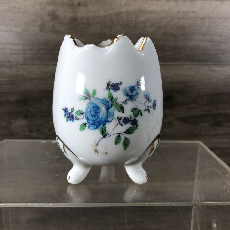 Small Cracked 3 Footed Porcelain Egg Painted With Blue Roses Candle Holder