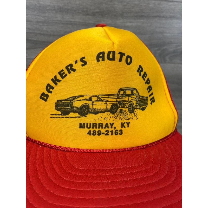 Hat Cap Bakers Auto Repair Trucker Style Rope Mesh Red Yellow Snapback Vintage