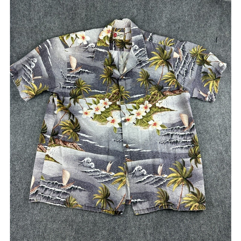 Hilo Hattie Mens 2XL Shirt Gray Floral Windy Wave The Hawaiian Original Casual