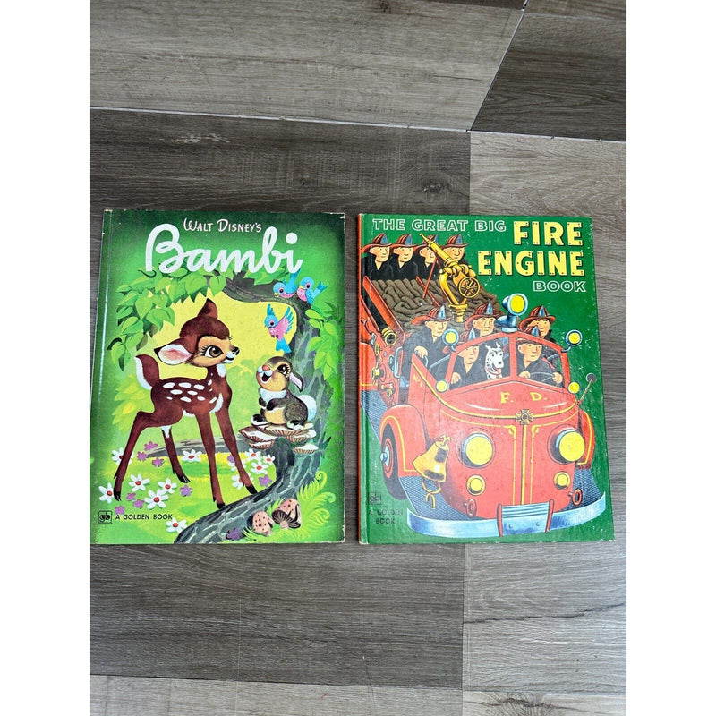 Lot of 2 A Golden Book Bambi The Great Big Fire Engine Book Hardcover Vintage