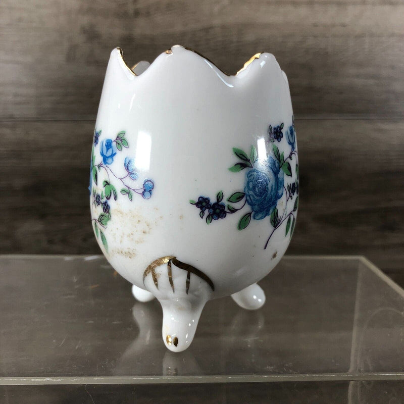 Small Cracked 3 Footed Porcelain Egg Painted With Blue Roses Candle Holder