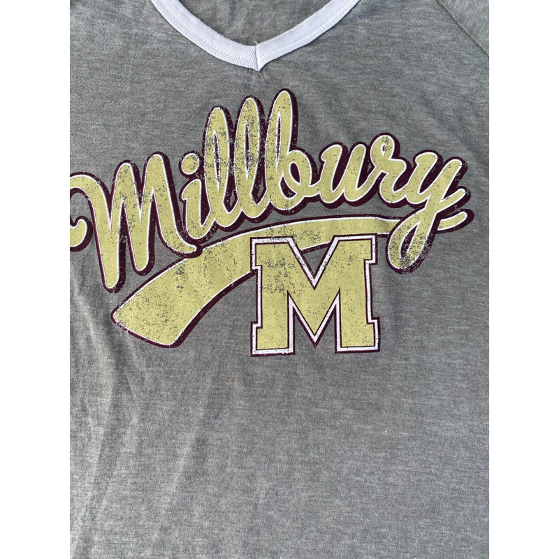 Millbury M Baseball Style Womens V Neck Adult Medium Light Gray T Shirt