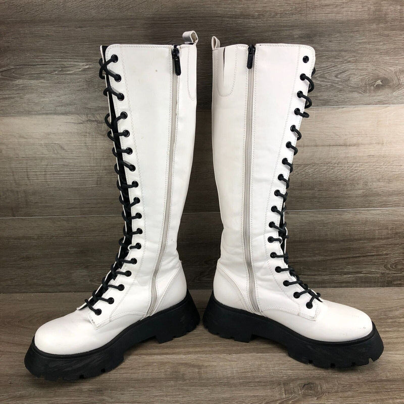 Circus by Sam Edelman Lilah White Lace Up Rounded Toe Chunky Heel Knee High Boot