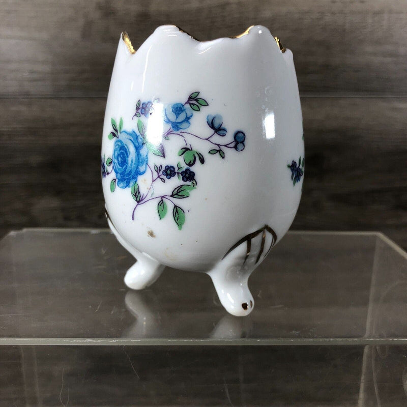 Small Cracked 3 Footed Porcelain Egg Painted With Blue Roses Candle Holder