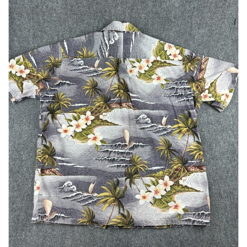 Hilo Hattie Mens 2XL Shirt Gray Floral Windy Wave The Hawaiian Original Casual