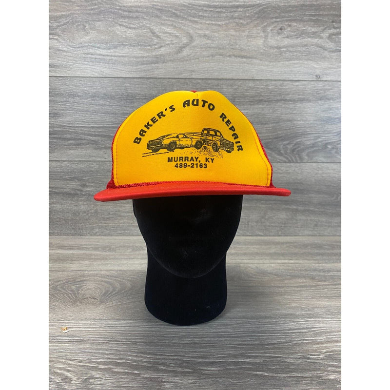 Hat Cap Bakers Auto Repair Trucker Style Rope Mesh Red Yellow Snapback Vintage