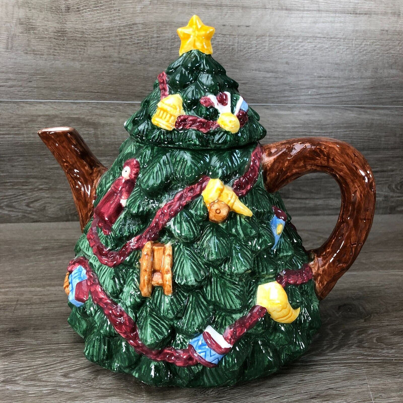 R.H Macy & CO 1996 1994 Christmas Tree Shaped Teapot Candy Jar Mug Hand Painted