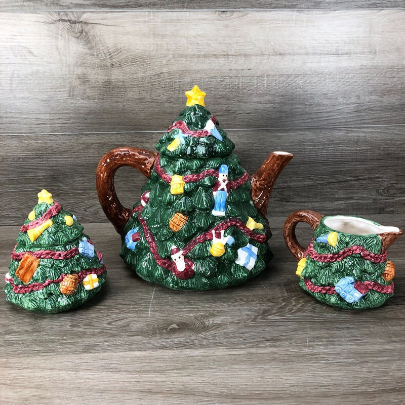 R.H Macy & CO 1996 1994 Christmas Tree Shaped Teapot Candy Jar Mug Hand Painted