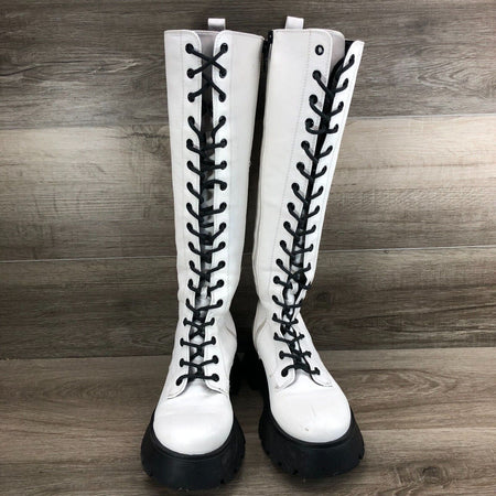 Circus by Sam Edelman Lilah White Lace Up Rounded Toe Chunky Heel Knee High Boot