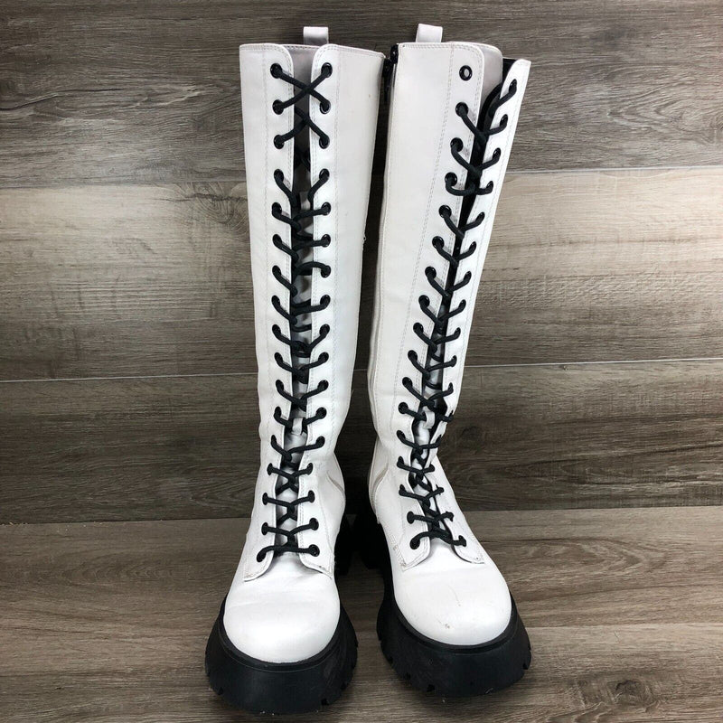 Circus by Sam Edelman Lilah White Lace Up Rounded Toe Chunky Heel Knee High Boot