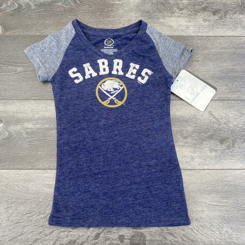 NHL Buffalo Sabres T Shirt V Neck Girls XS Blue Grey Cap Sleeve