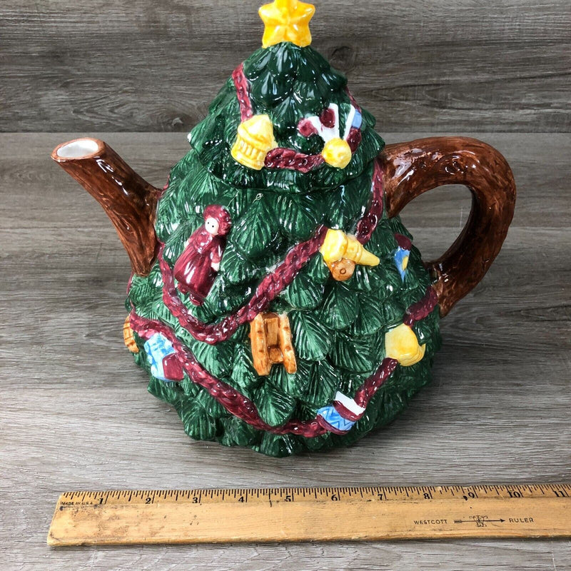 R.H Macy & CO 1996 1994 Christmas Tree Shaped Teapot Candy Jar Mug Hand Painted