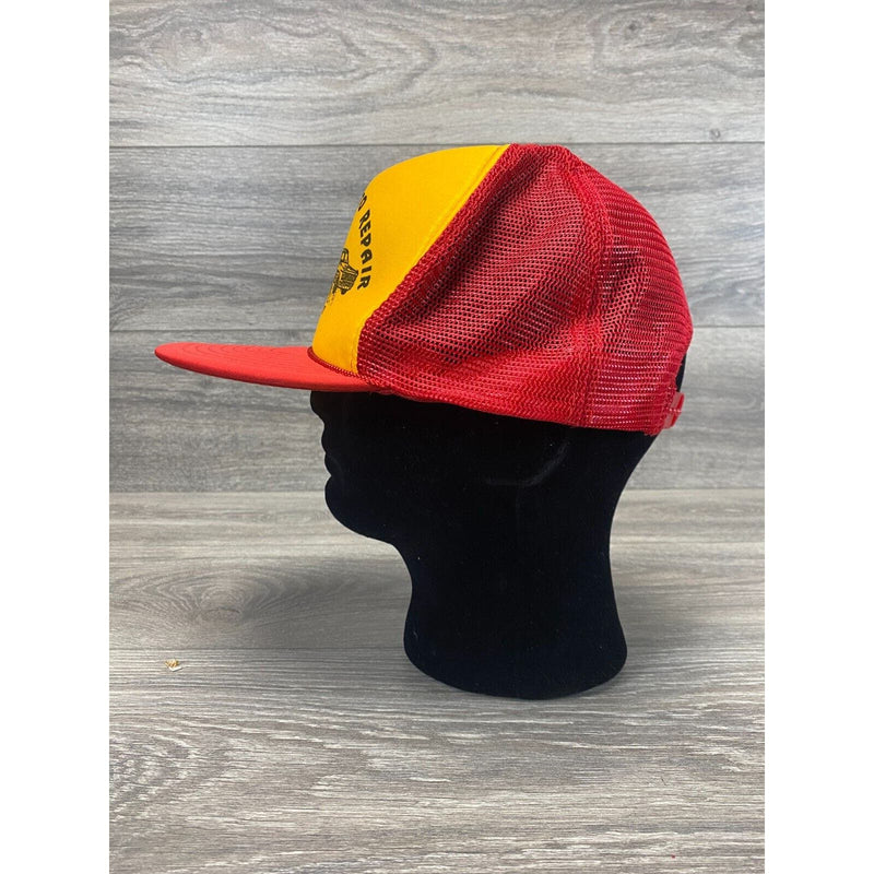 Hat Cap Bakers Auto Repair Trucker Style Rope Mesh Red Yellow Snapback Vintage