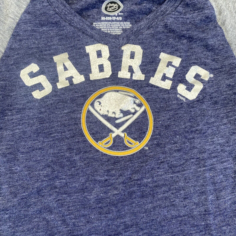 NHL Buffalo Sabres T Shirt V Neck Girls XS Blue Grey Cap Sleeve