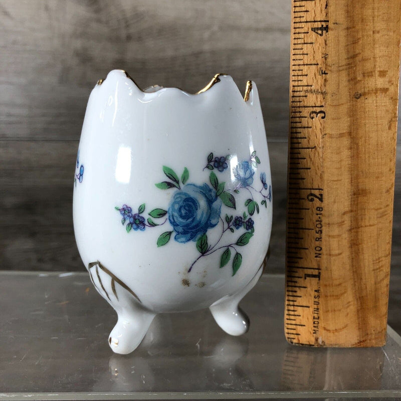 Small Cracked 3 Footed Porcelain Egg Painted With Blue Roses Candle Holder