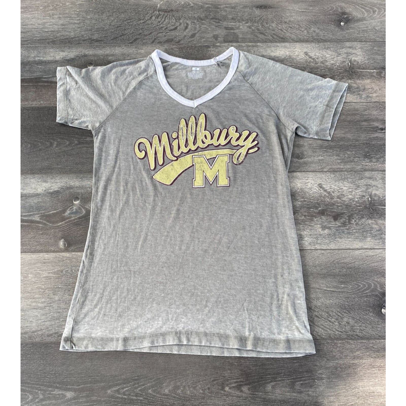 Millbury M Baseball Style Womens V Neck Adult Medium Light Gray T Shirt