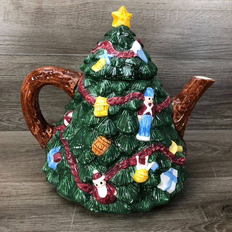 R.H Macy & CO 1996 1994 Christmas Tree Shaped Teapot Candy Jar Mug Hand Painted