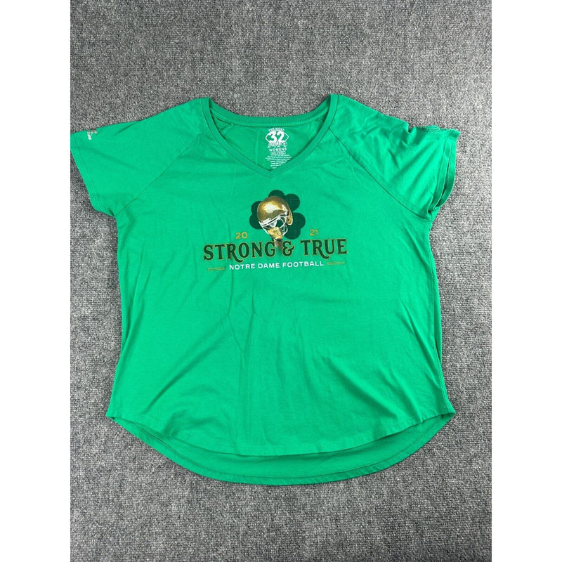 Notre Dame Strong and True Semi-Fitted V Neckl T Shirt Womens 2XL Green