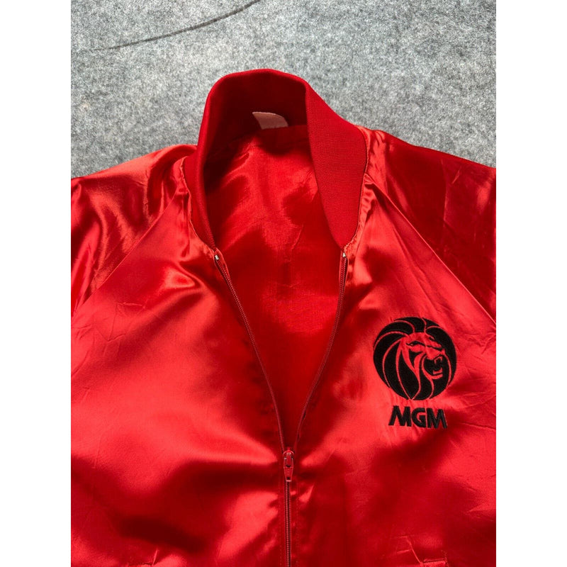 Vintage MGM Satin Jacket Red With Black Embroidered Logo Zip Front Medium