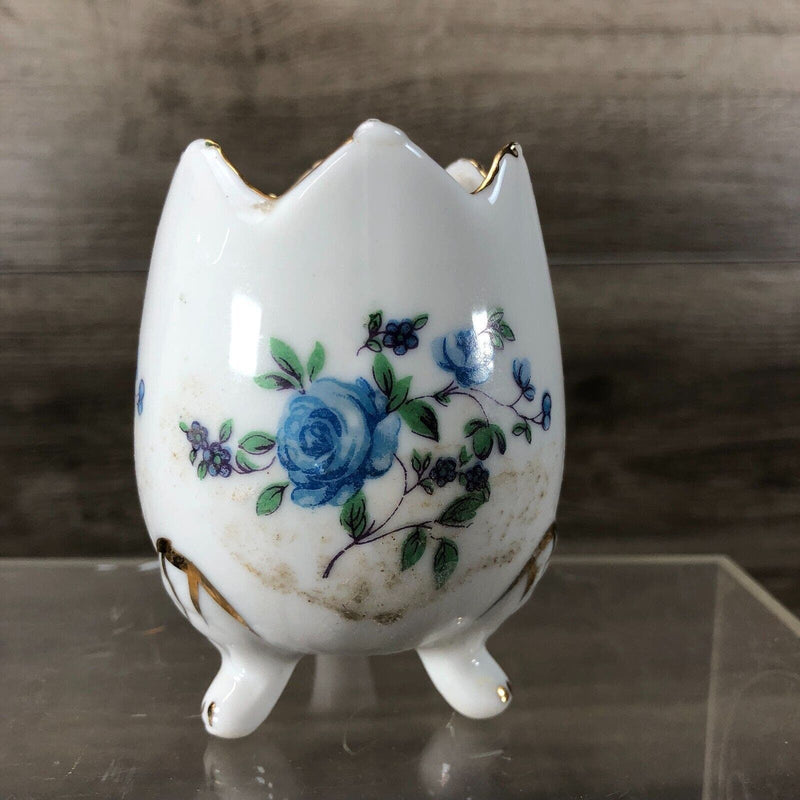 Small Cracked 3 Footed Porcelain Egg Painted With Blue Roses Candle Holder