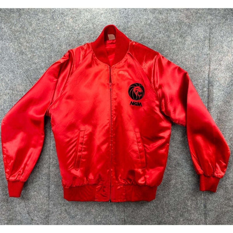 Vintage MGM Satin Jacket Red With Black Embroidered Logo Zip Front Medium